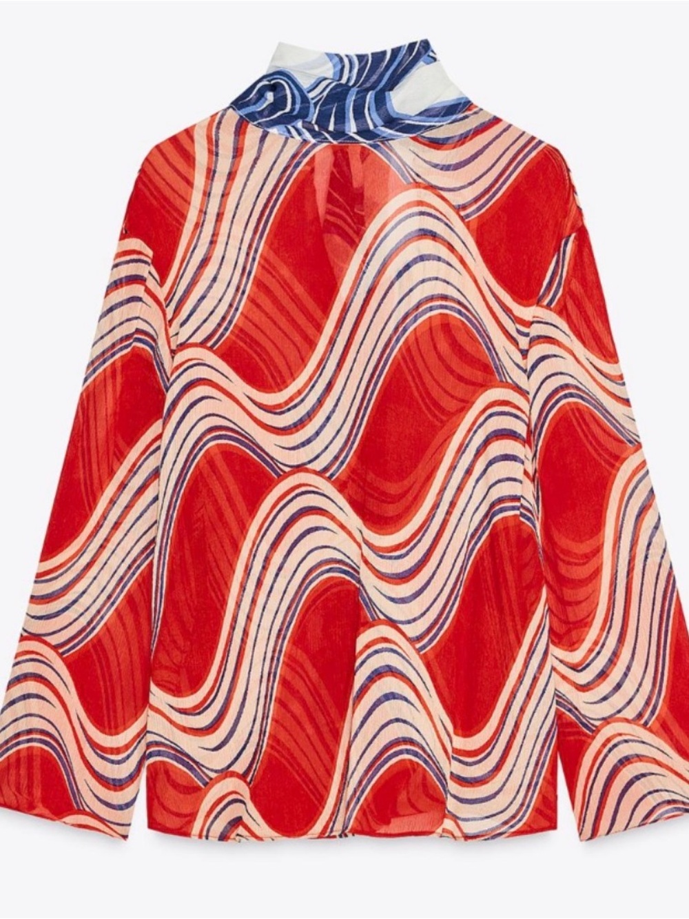 Zara Wavy Red Sheer Scarf-Neck oversized Blouse